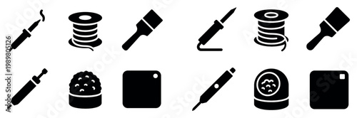 Craft tools icons with soldering iron spool brush flat