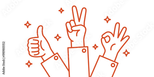 Three stylized hands showing thumbs up gesture raised open palm and okay sign symbol vector illustration, positive communication and approval concept design