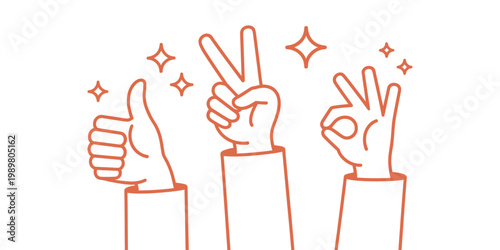 Three stylized hands showing thumbs up gesture raised open palm and okay sign symbol vector illustration, positive communication and approval concept design