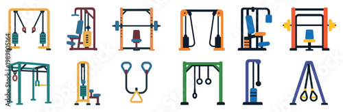 Fitness icons with pulley bar bench flat