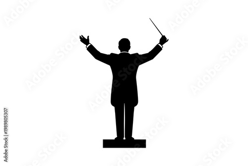 Conductor standing with arms raised holding an orchestral baton isolated on transparent background, Vector