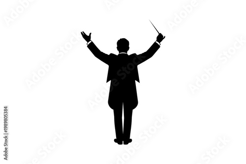 Conductor with arms raised holding an orchestral baton in formal attire isolated on transparent background, Vector