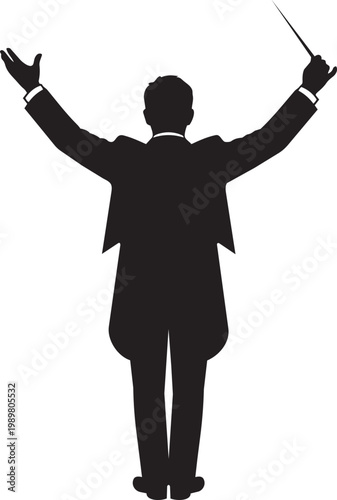 Conductor with arms raised holding an orchestral baton in formal attire isolated on transparent background, Vector