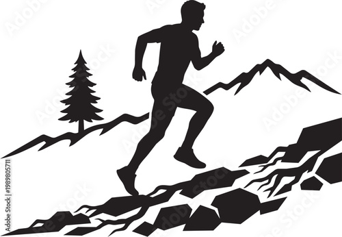 Runner ascending rocky trail in mountainous forest terrain isolated on transparent background, Vector