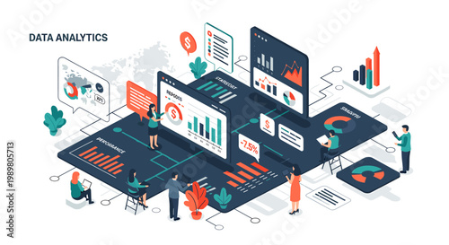Modern illustration showing data analysis and insights. Perfect for conveying concepts of strategy, progress, and informed decision-making in business