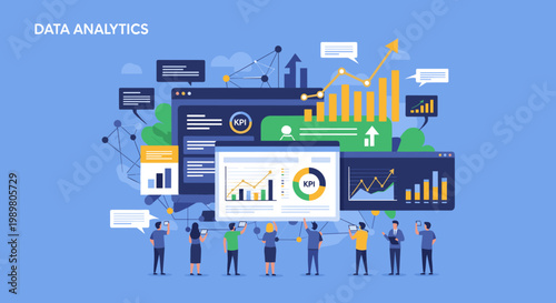 A modern, vibrant illustration depicting data analysis and teamwork, ideal for marketing materials emphasizing strategic insight and collaborative gro