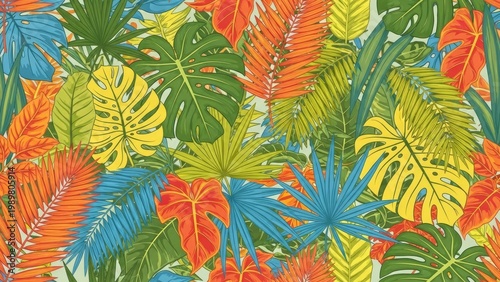 A vibrant and colorful illustration of tropical leaves in various shades