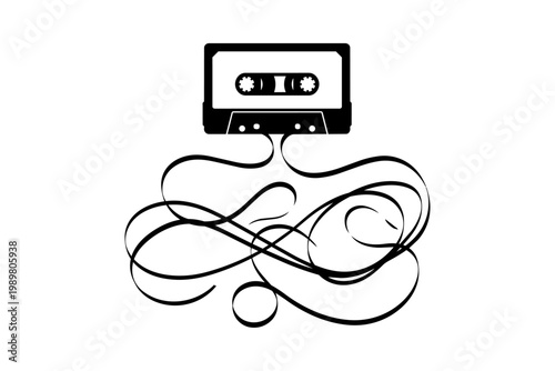 Vintage cassette tape player with tangled audio cables connected isolated on transparent background, Vector