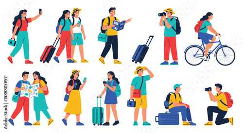 A cheerful group of tourists engaged in travel activities, carrying luggage, using maps, taking photos, and cycling. A fun collection for vacation themes.