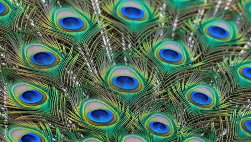 A vibrant display of peacock feathers with blue and green colors