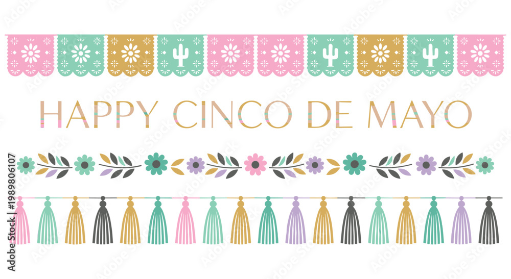 Naklejka premium Cinco de mayo festive greeting with papel picado banners and floral patterns. Colorful tassels and flowers arrangement on white background. Cultural holiday design with cactus and sun symbols.