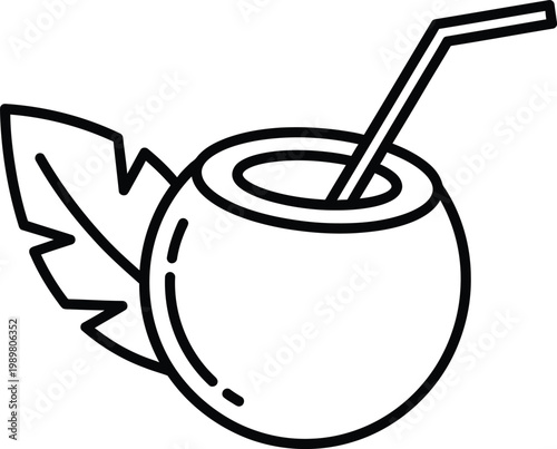 A refreshing drink with a straw and a decorative leaf garnish in a coconut shell.