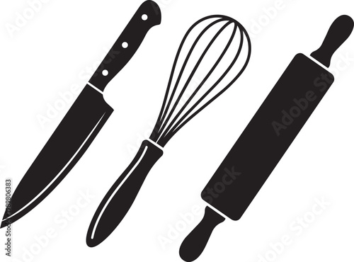 Classic kitchen tools including knife, whisk, and rolling pin isolated on transparent background, Vector