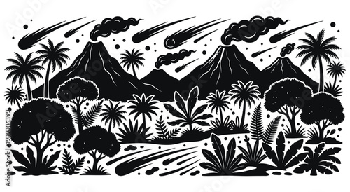 Volcano eruption and meteor shower. Prehistoric jungle landscape. Dinosaurs era scene. Nature disaster. Primitive environment.