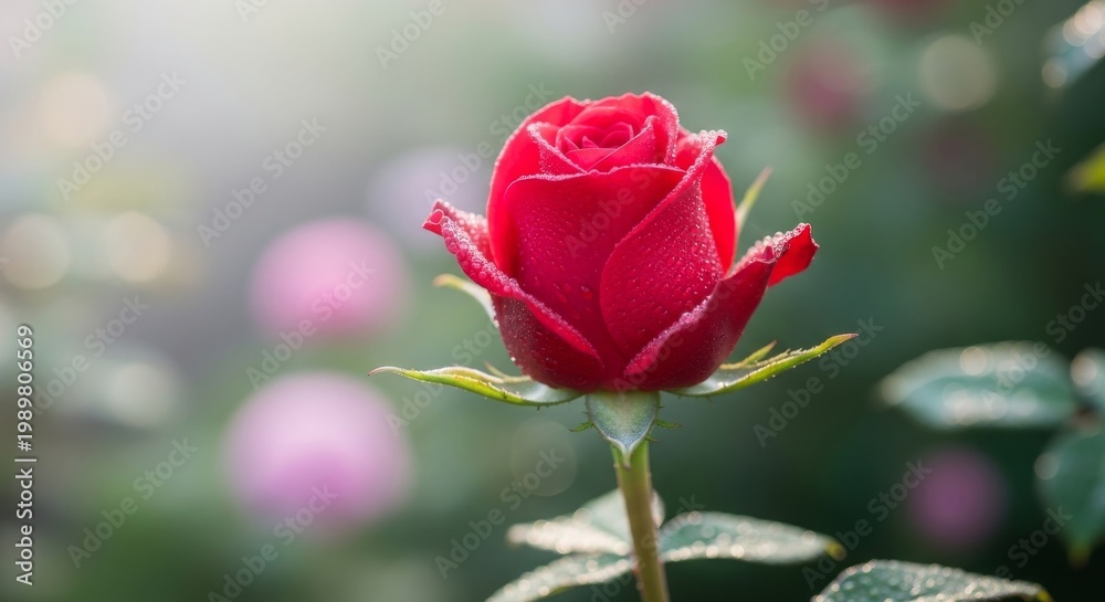 Fototapeta premium Single Red Rosebud with Dew Drops