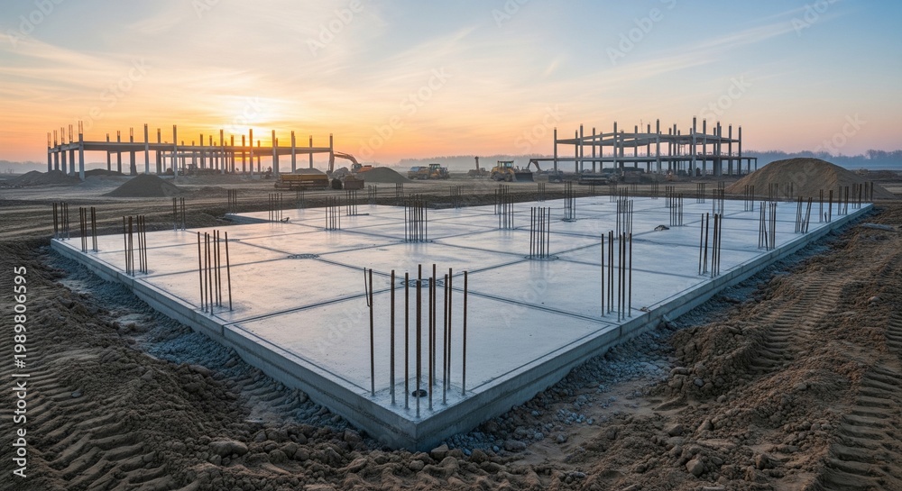 Obraz premium A wide shot of a freshly poured concrete foundation at a construction site during a beautiful orange sunset.