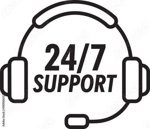 “Black and White Headset Icon with 24/7 Support Text Customer Service Symbol”