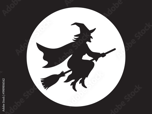 A witch flying on a broomstick inside a circular frame isolated on transparent background, Vector