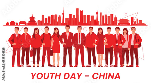 Illustration of diverse young professionals in red attire standing against urban skyline background. Celebratory banner representing chinese youth day with modern flat design and city silhouette.