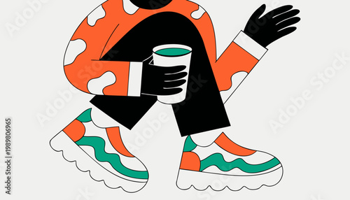 Stylized person walking with coffee cup wearing colorful outfit and sneakers flat illustration