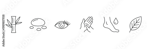 Ayurveda spa and wellness therapy collection featuring bamboo stalks hot stones eye care hand massage foot treatment and herbal leaf icon vector illustration.