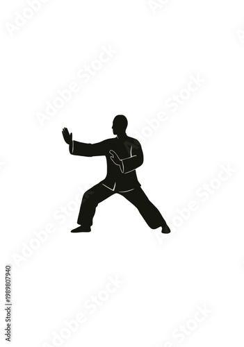 Minimalistic vector silhouette of a man practicing Tai Chi Chuan, illustrating the concept of balance, harmony, meditation, wellness and traditional martial arts.