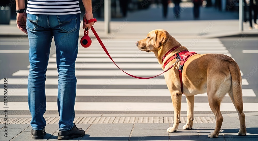 Fototapeta premium A responsible owner with their beloved golden Labrador waits patiently at a city crosswalk, highlighting companionship and urban pet life