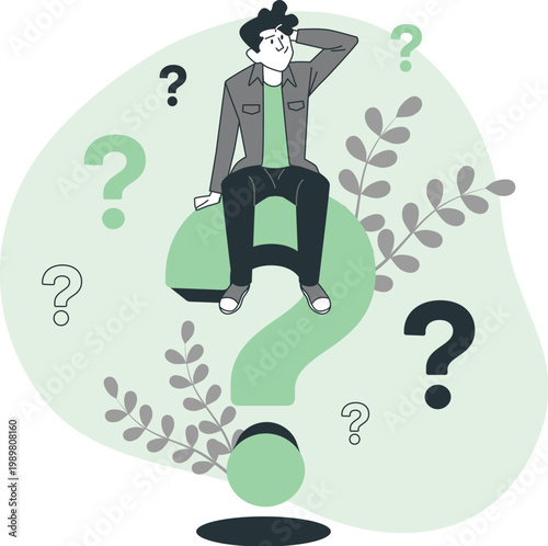 Confused man pondering in uncertainty with multiple question marks surrounding him illustration.