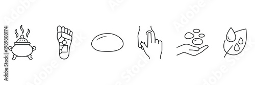 Ayurveda spa and wellness treatment collection featuring incense burner reflexology foot map massage stones and herbal oil icon vector illustration.