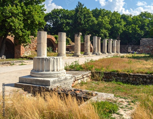 Sunny exterior showing the remains of an old, weathered structure with tall, white columns in a line. It is surrounded by trees