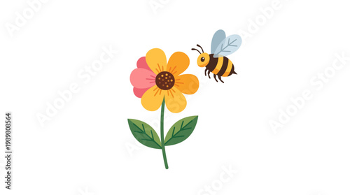 Cute cartoon bee flying near colorful flower on white background