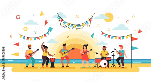 Diverse group of musicians performing live on a beach stage.