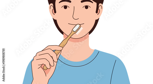 Smiling young man brushing teeth with bamboo toothbrush