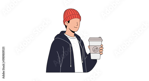 Casual young man holding coffee cup wearing red beanie