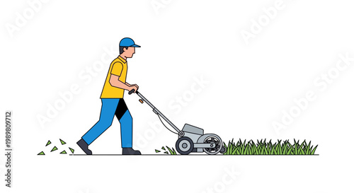 Man Mowing Lawn with Push Mower in Simple Vector Illustration