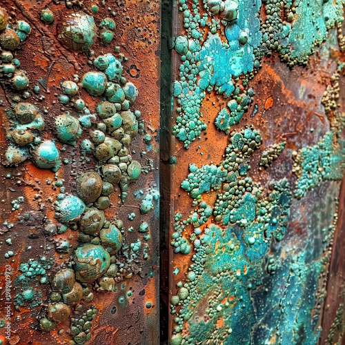 Rust and corrosion form textures on metal surfaces in urban setting with green and blue colors during daylight