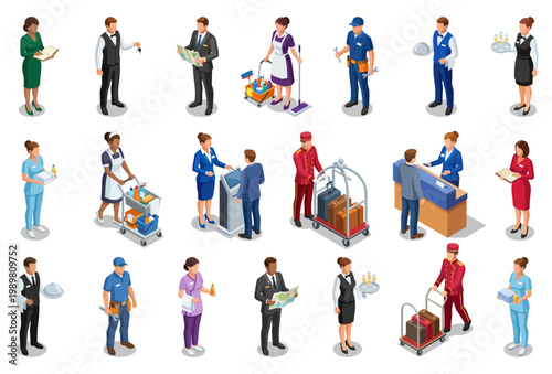 Hotel staff team collection | professional hospitality workers set | service crew members in varied uniforms | isometric vector illustration style