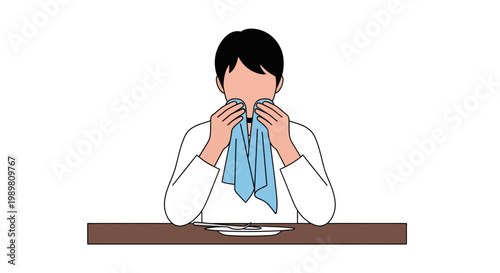 Illustration of person sneezing with tissue at a table