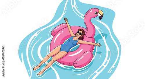 Woman in blue swimsuit floating on pink flamingo raft in pool water