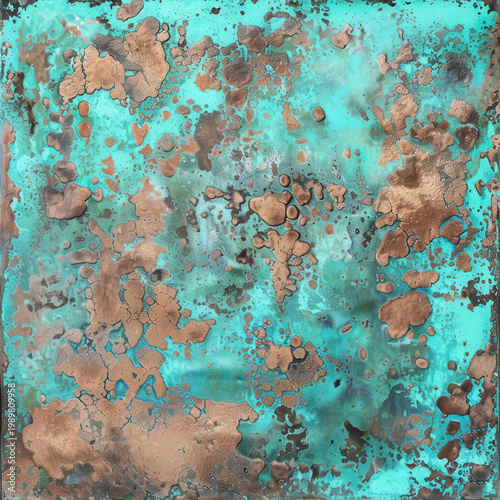 Artistic design with turquoise and bronze colors showing texture and patterns on surfaces