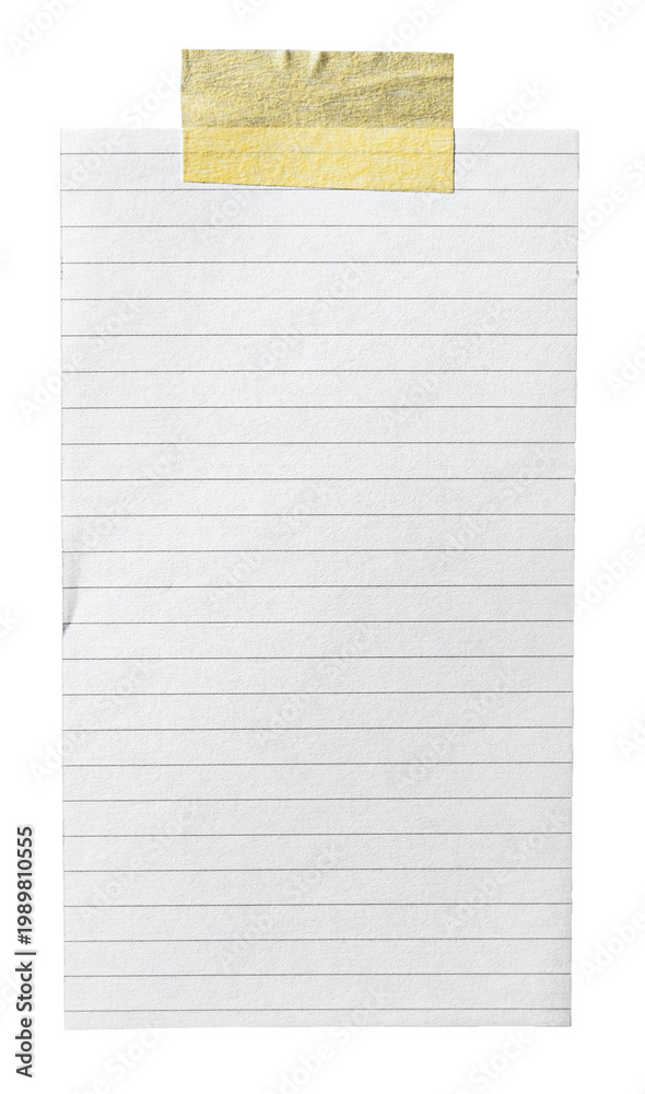 Obraz premium Ruled paper note with yellow adhesive sticky tape with copy space for text, isolated cut out transparent png background design element