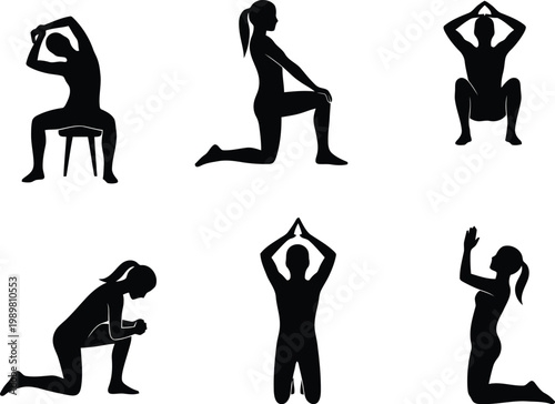 Collection of fitness silhouettes demonstrating yoga stretching, kneeling, squatting and rehabilitation exercises for health and mobility