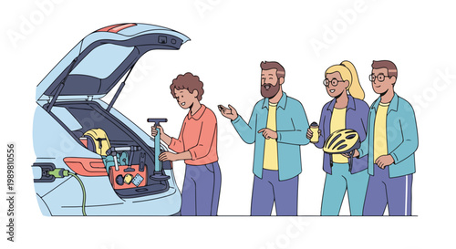 Young friends preparing for an eco-conscious road trip, packing an electric car with bicycle helmets and gear for an outdoor adventure and sustainable journey.