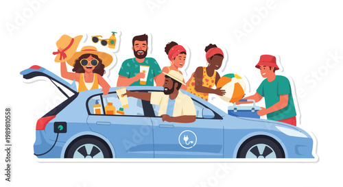 Diverse group of happy friends packing an electric car for a summer beach road trip, loading vacation essentials like sunscreen, hats, and a cooler.