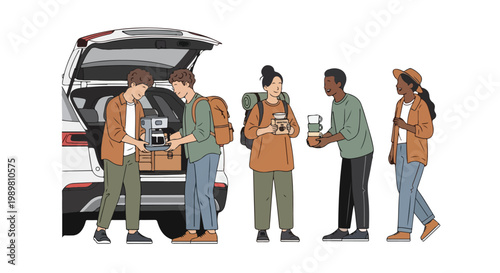 Diverse friends packing car for a road trip adventure, sharing drinks and preparing for a journey. Group of young people getting ready for travel.