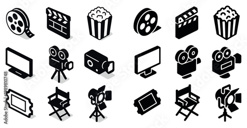 Cinema icons with film camera ticket minimal