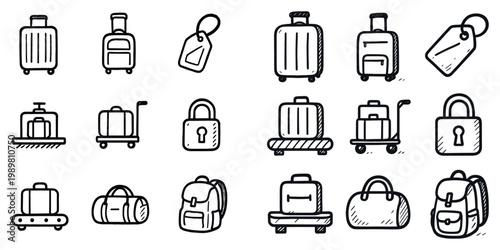 Travel icons with suitcase tag backpack outline