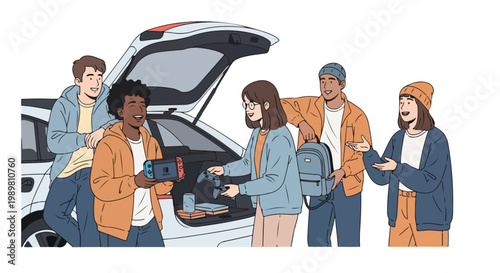 Diverse group of young friends unloading video games and snacks from a car for an outdoor gaming session