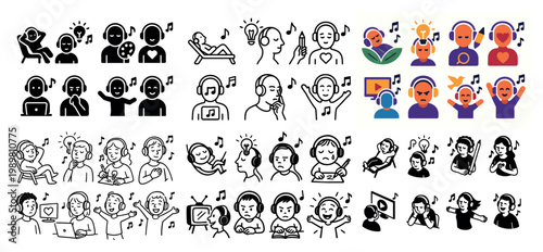 Icons of people listening to and enjoying music