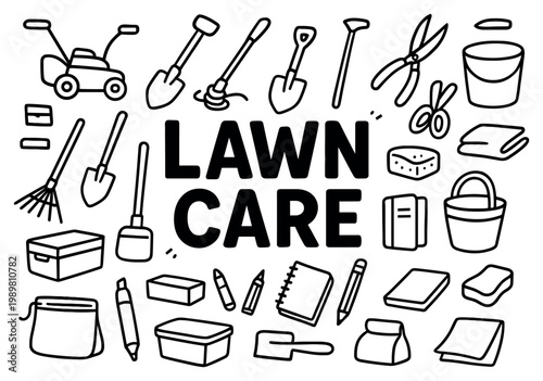 Lawn care icons with mower shovel rake outline